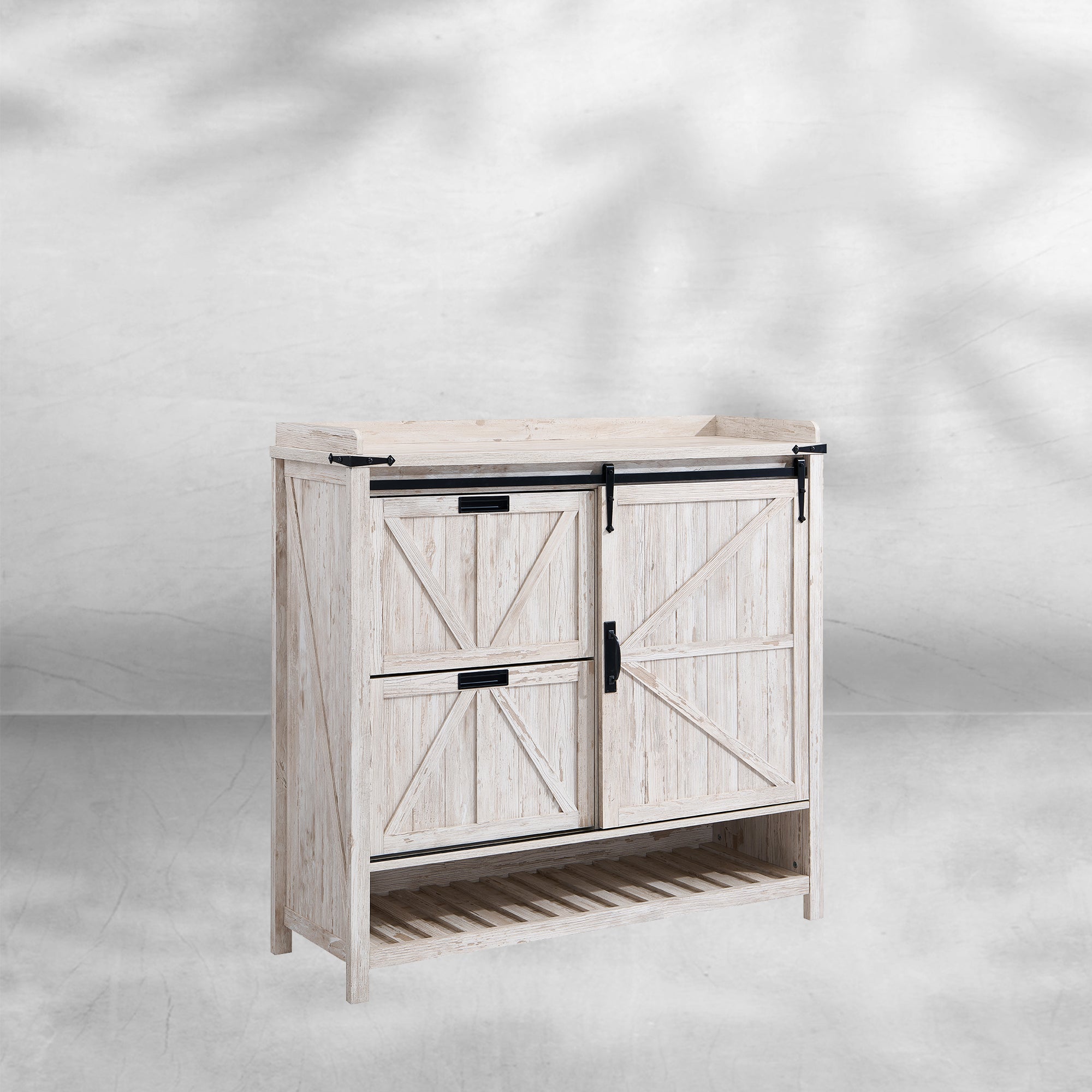 Farmhouse Shoe Storage Cabinet - 2 Flip Drawers and Sliding Door