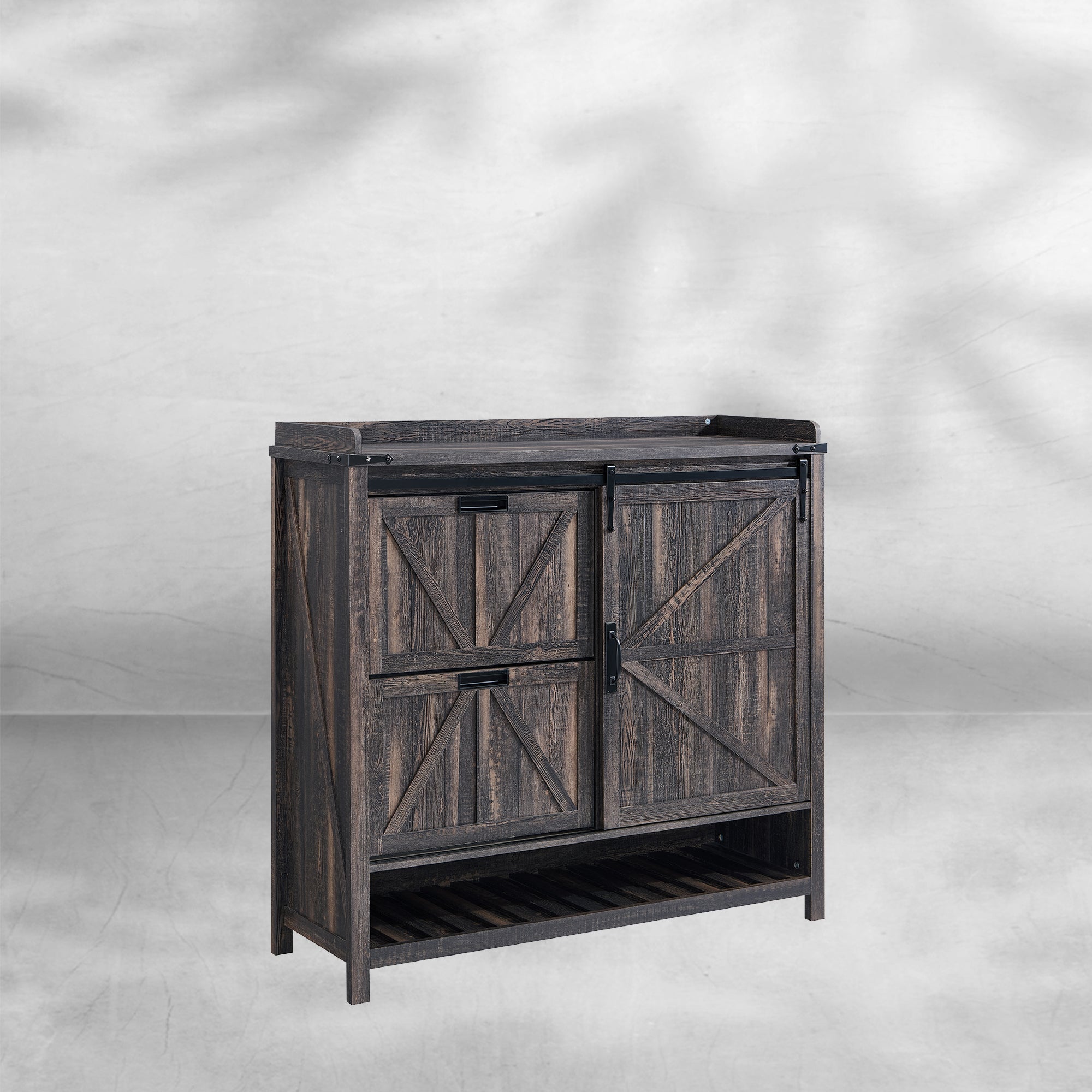 Farmhouse Shoe Storage Cabinet - 2 Flip Drawers and Sliding Door