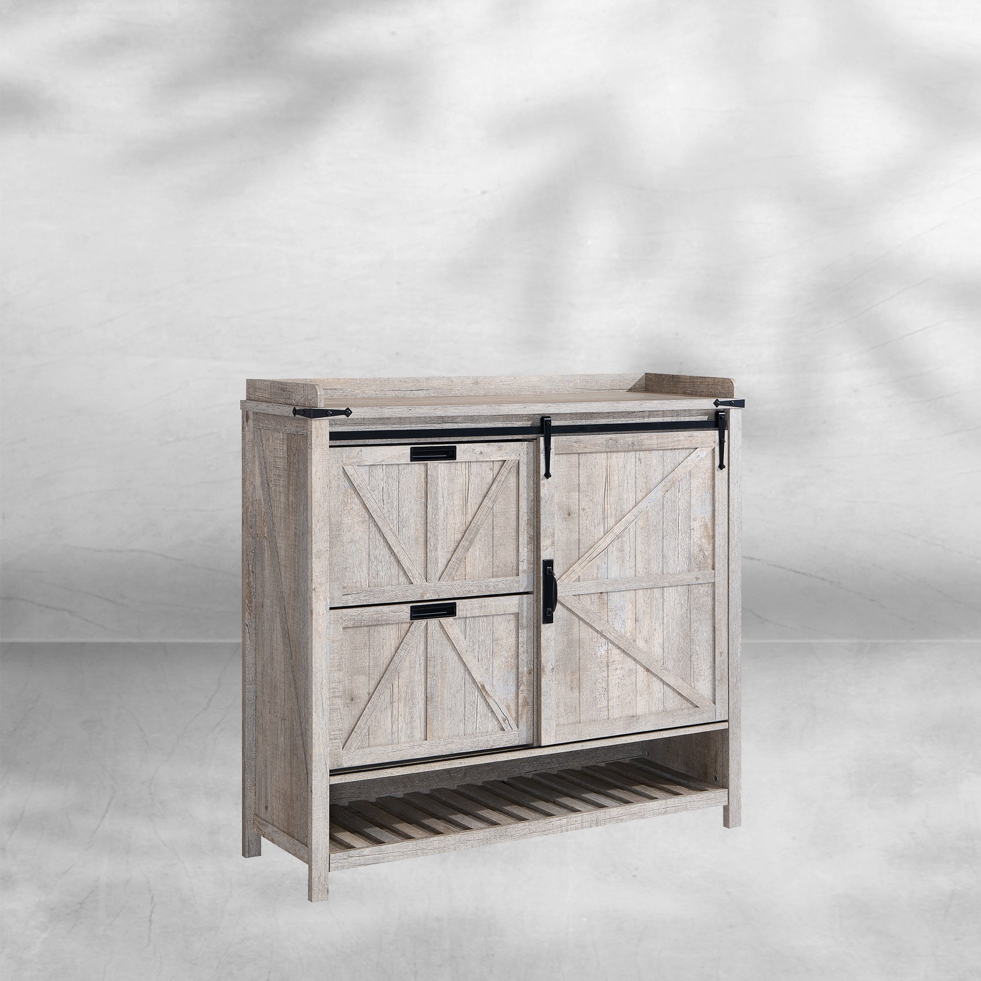 Farmhouse Shoe Storage Cabinet - 2 Flip Drawers and Sliding Door