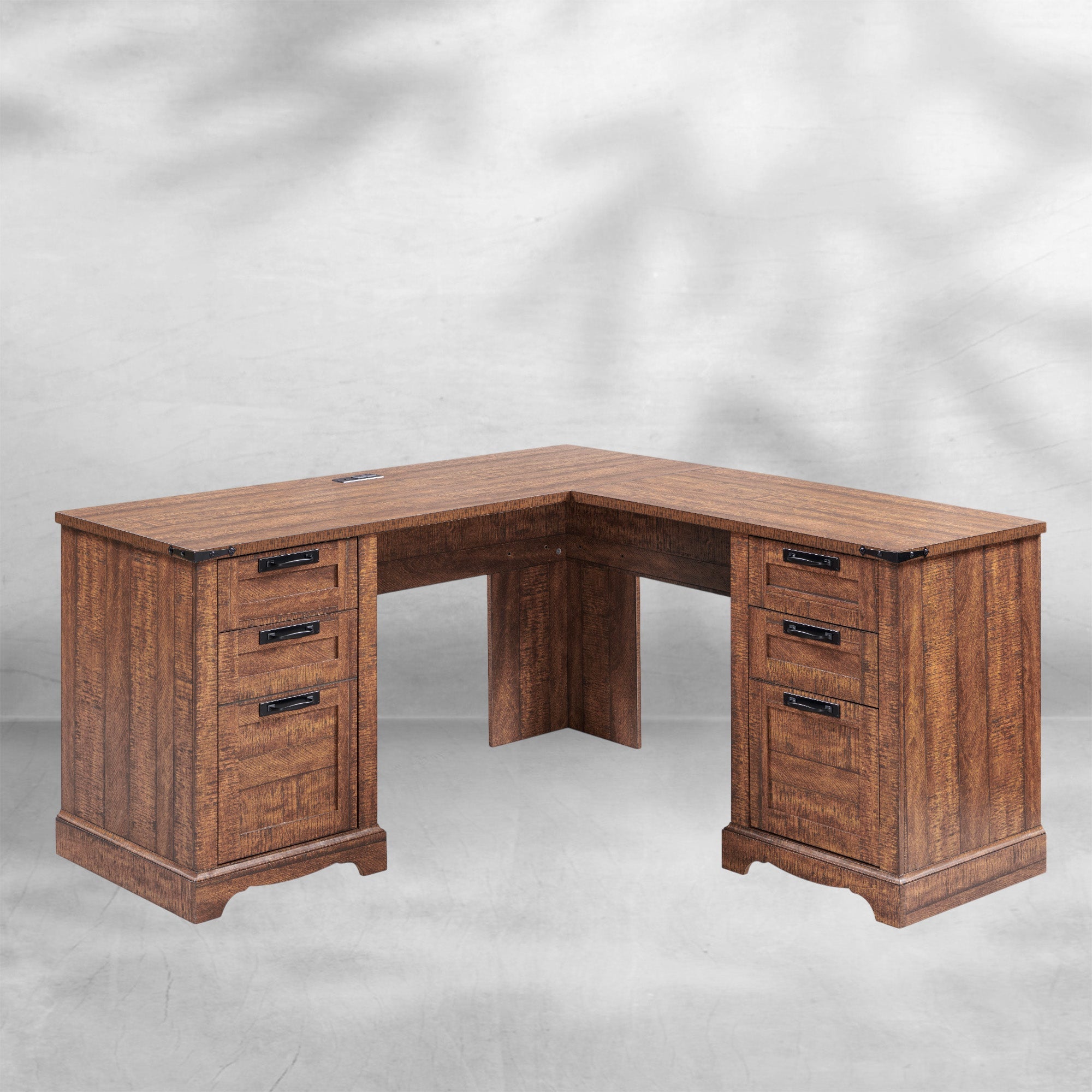 60" Farmhouse L Shaped Desk with Charging Station and Drawers