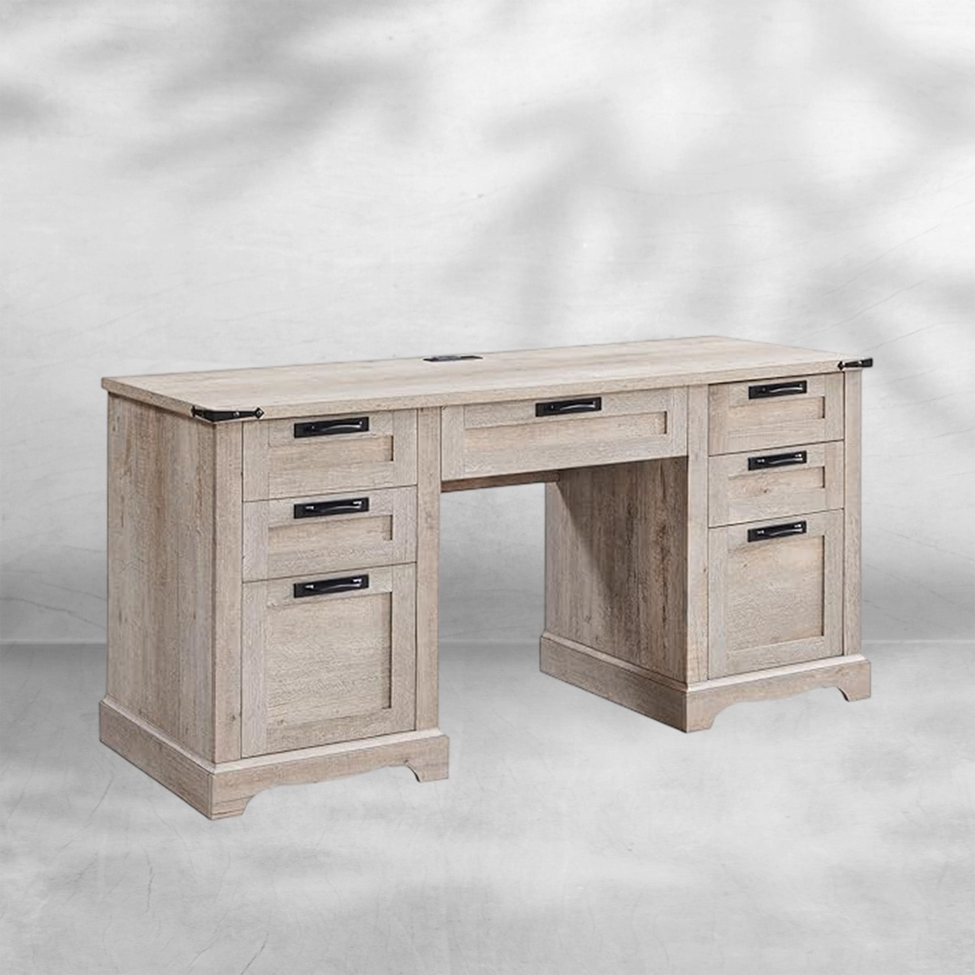 60" Farmhouse L Shaped Desk with Charging Station and Drawers