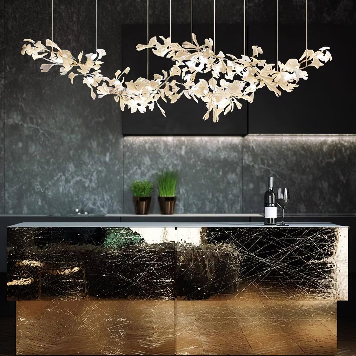 Double Layer Combination Gingko Ceramic Branch Chandelier