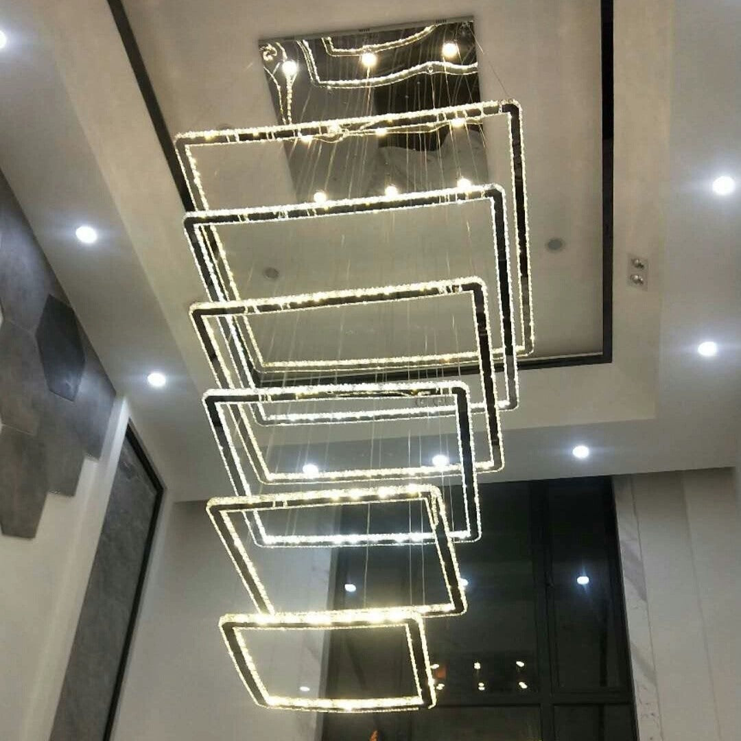 Modern Floating 5/6-tier Square Crystal Chandelier for High-ceiling
