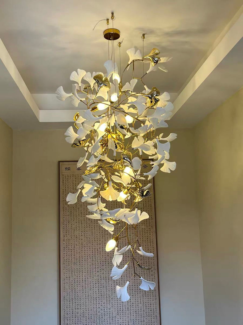 Artistic Tree Branch Pendant Light with Ceramic Ginkgo Leaves for High Ceilings in Hotel or Home