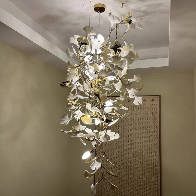 Artistic Tree Branch Pendant Light with Ceramic Ginkgo Leaves for High Ceilings in Hotel or Home