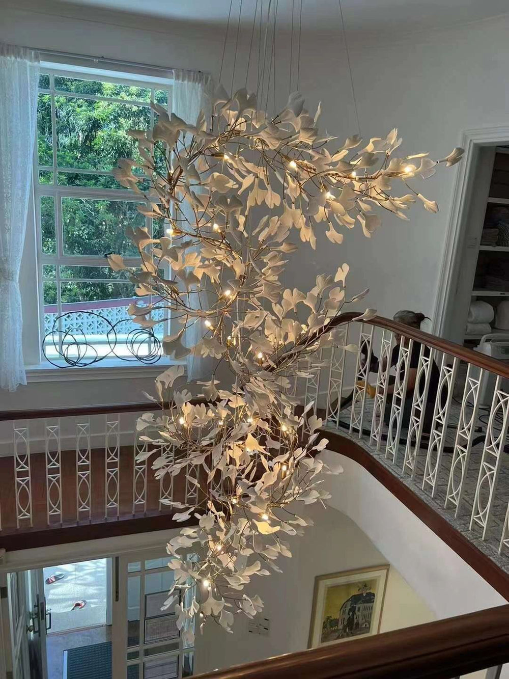 Artistic Tree Branch Pendant Light with Ceramic Ginkgo Leaves for High Ceilings in Hotel or Home