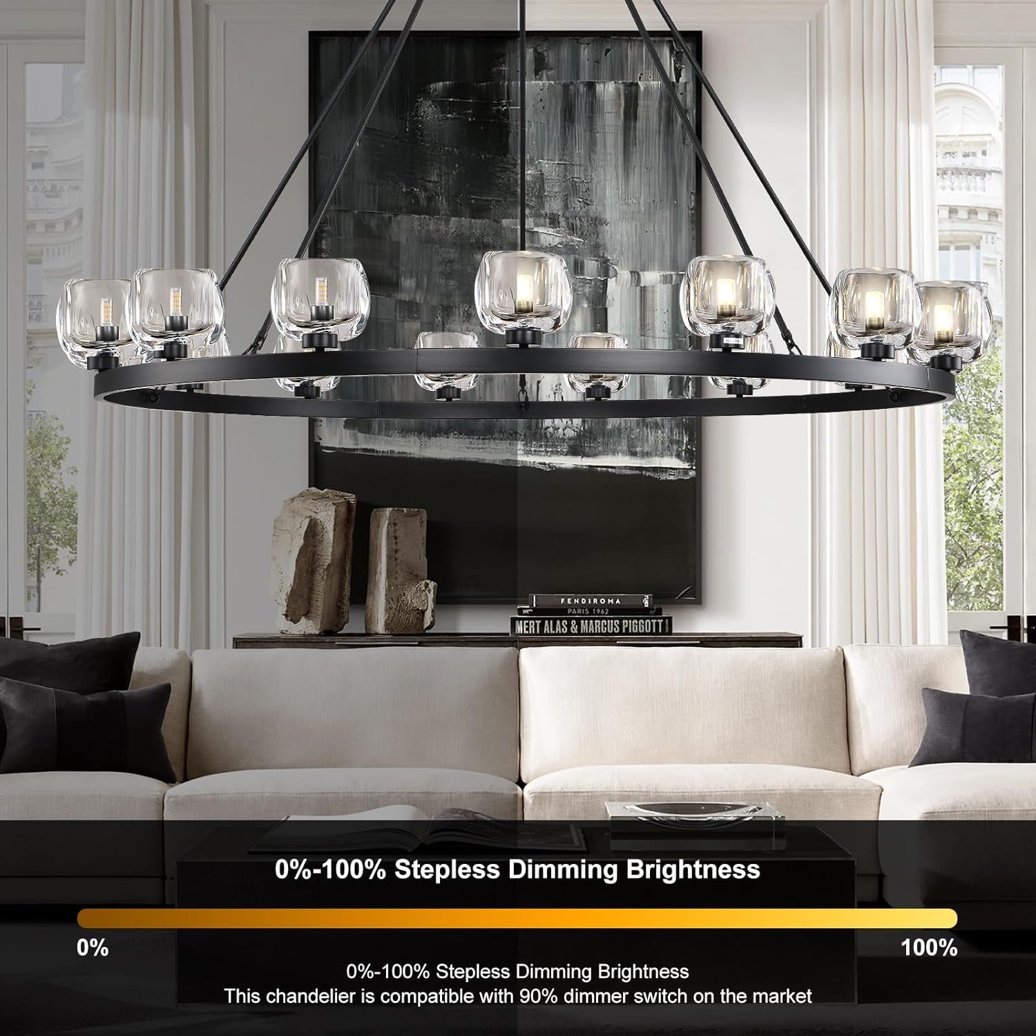 Wagon Wheel Glass Round Chandelier 24" 36" 48" 60"