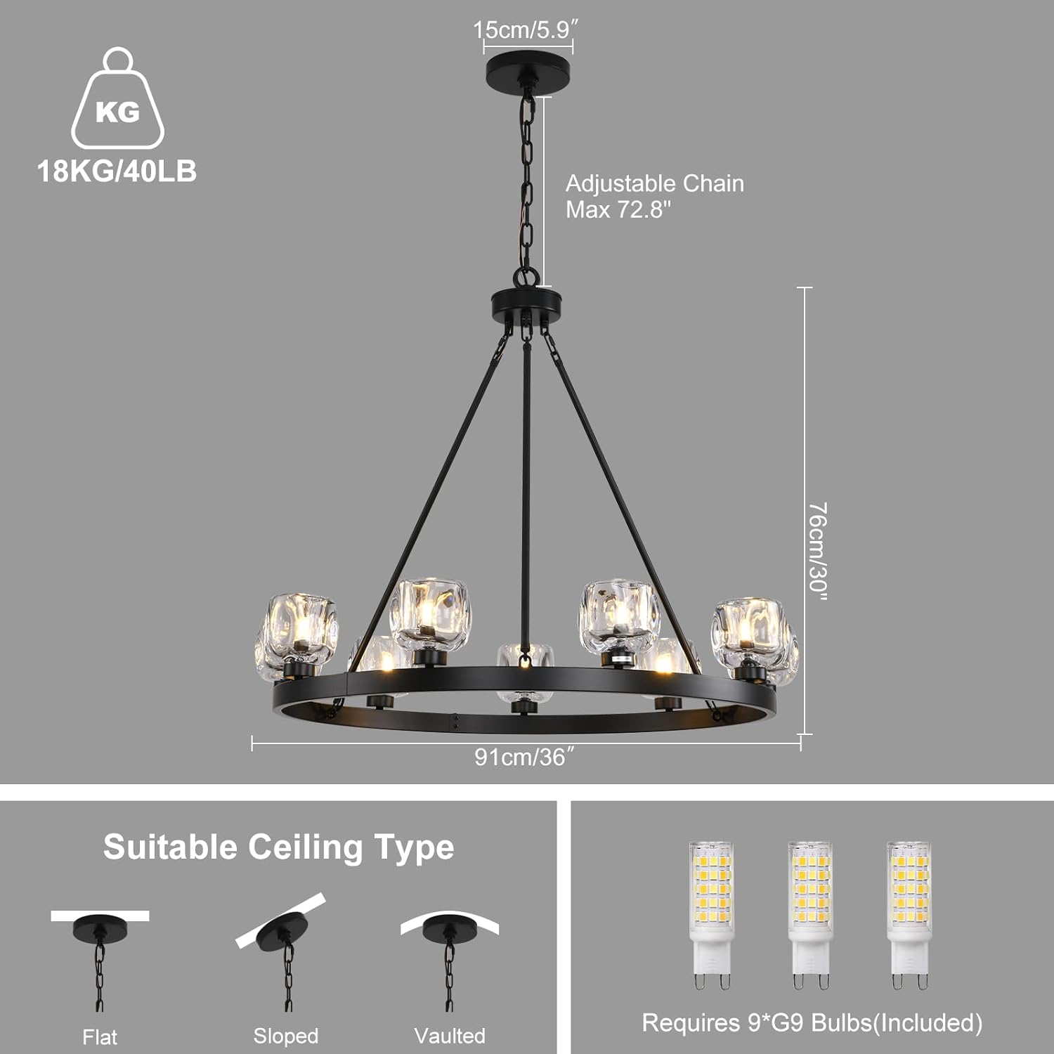 Wagon Wheel Glass Round Chandelier 24" 36" 48" 60"