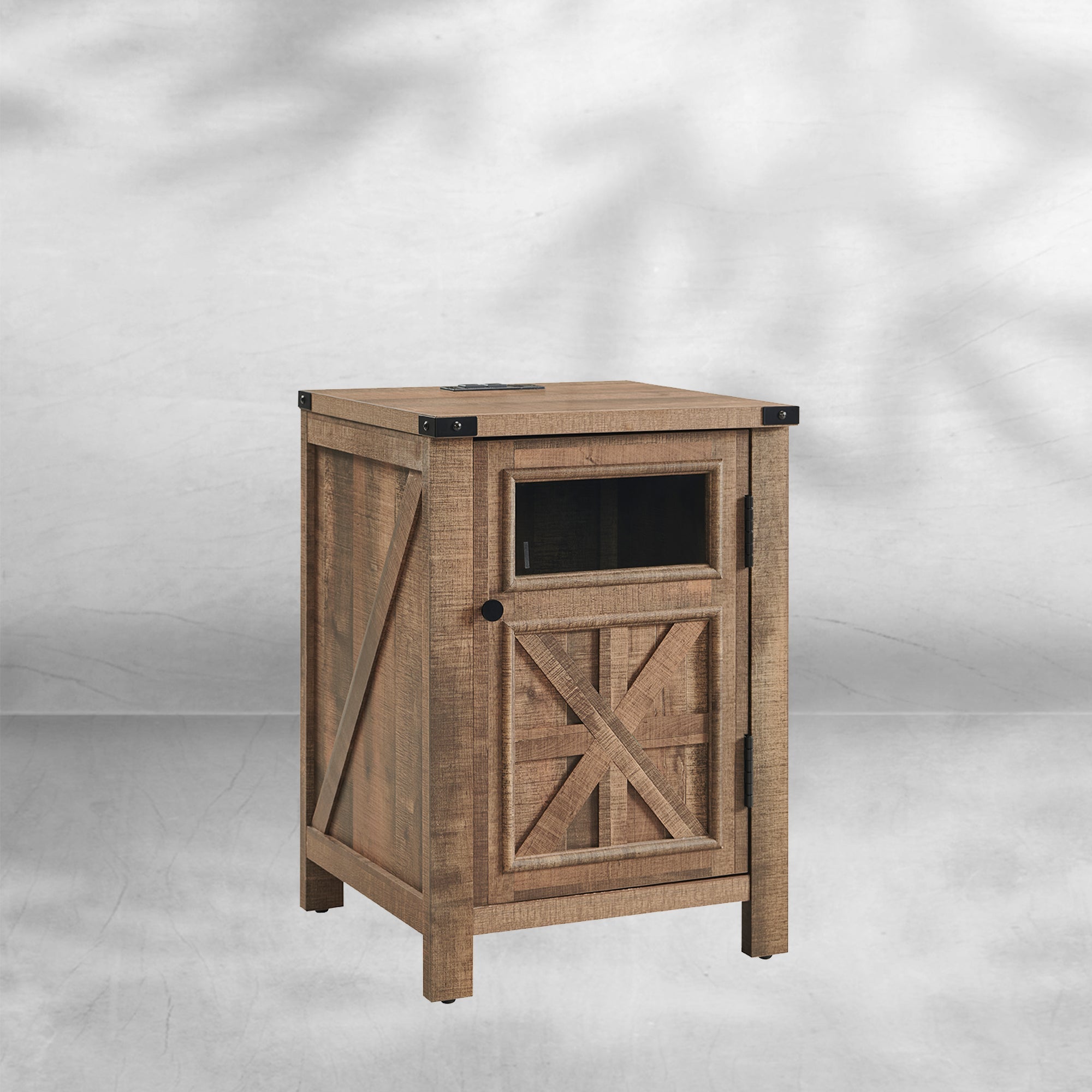 Farmhouse End Table 18" with 3-Tier Storage Charging Station Rustic Barn Door Nightstand