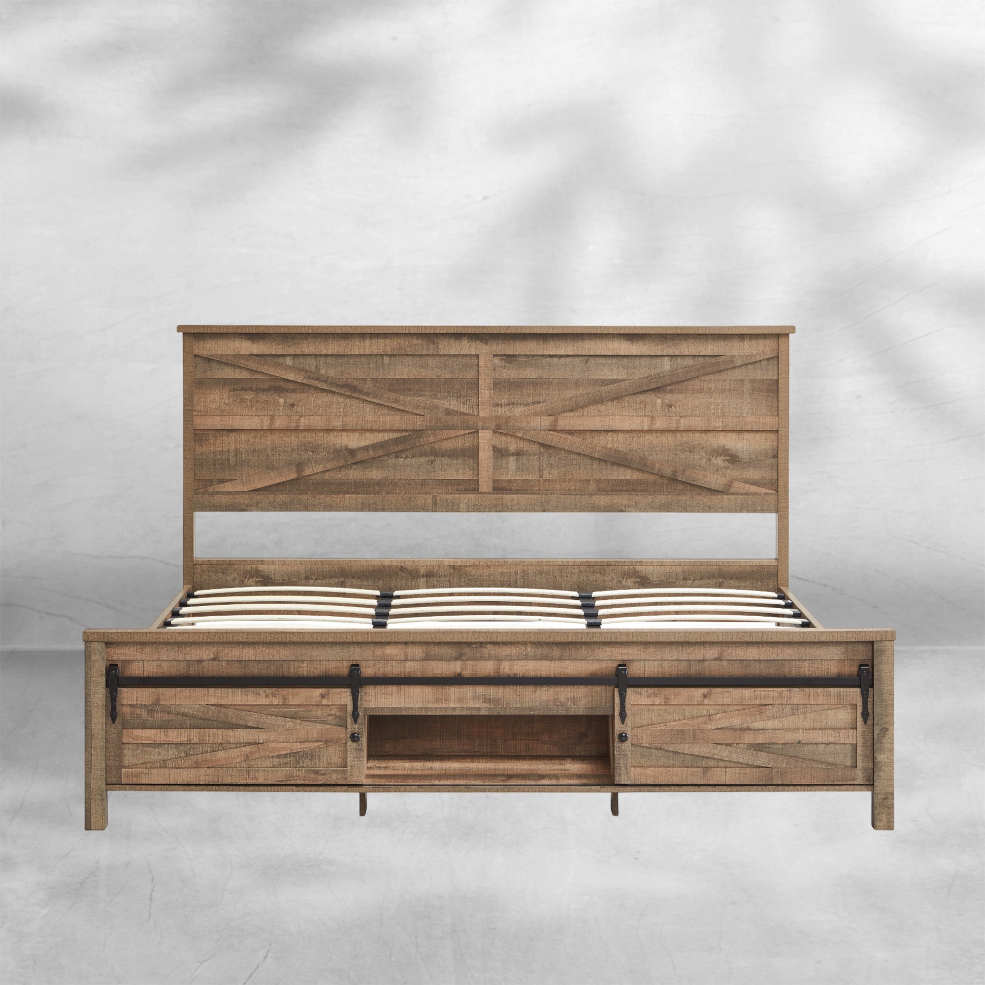 King Size Farmhouse Wood Bed Frame 85" with Barn Door Cabinets