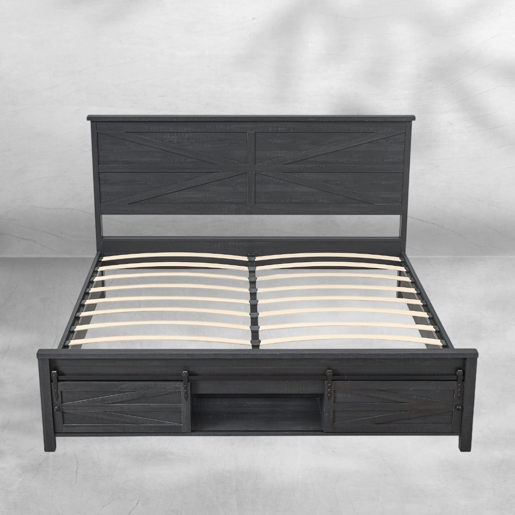 Queen Size Farmhouse Wood Bed Frame 64" with Barn Door Cabinets