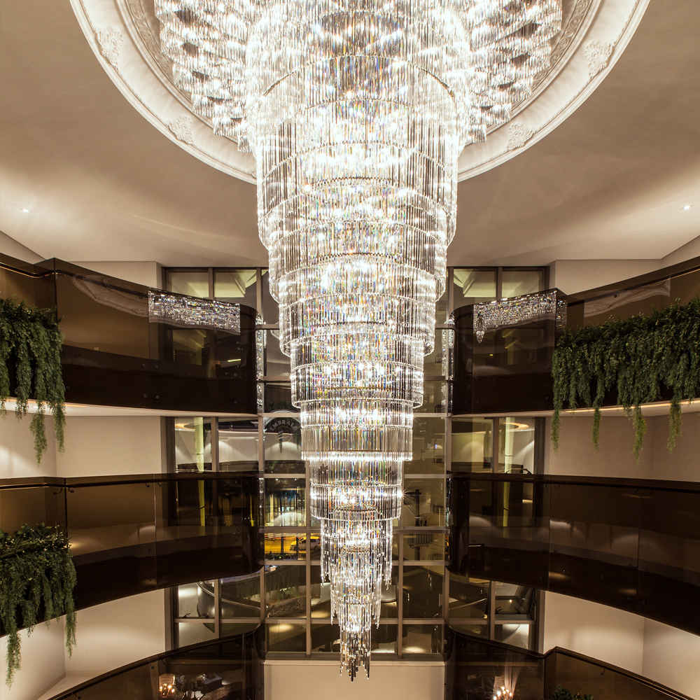Long hotel lobby crystal chandelier