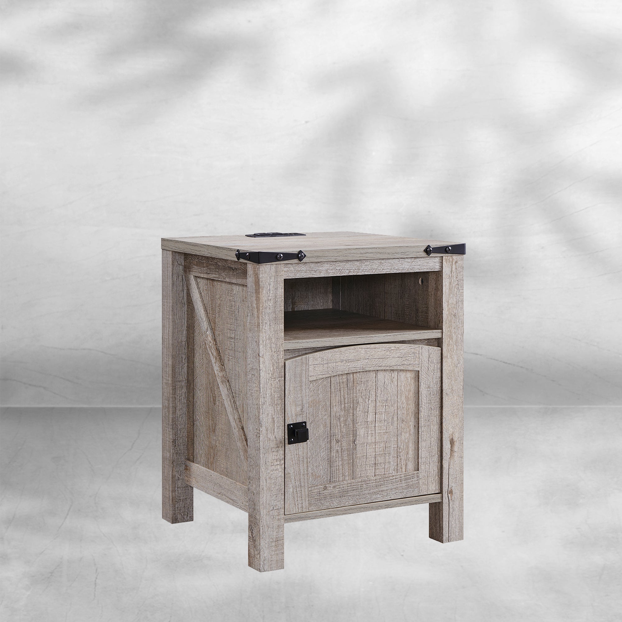 Farmhouse Nightstand with Charging Station Rustic End Table