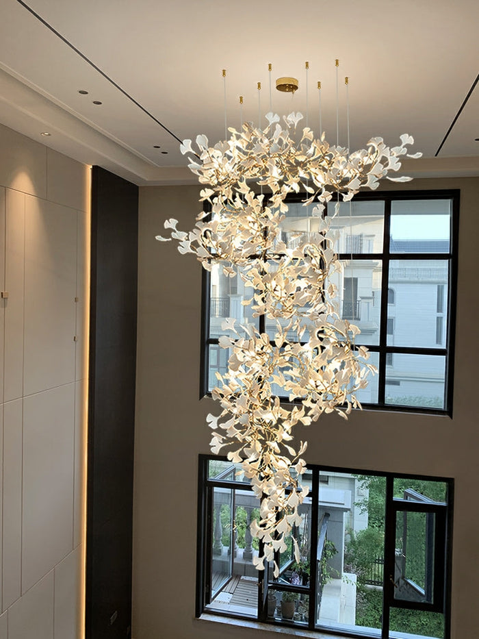 Artistic Tree Branch Pendant Light with Ceramic Ginkgo Leaves for High Ceilings in Hotel or Home