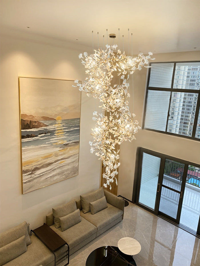 Artistic Tree Branch Pendant Light with Ceramic Ginkgo Leaves for High Ceilings in Hotel or Home