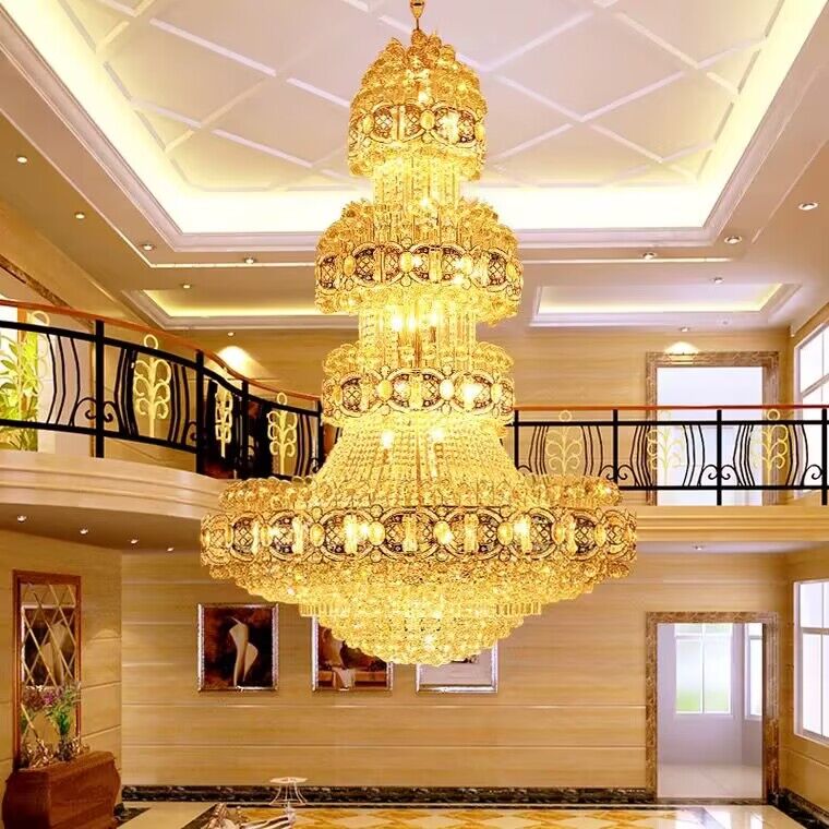 Luster Gaze Grand Empire Gilt Crystal Chandelier - dramatic American stairwell with soaring ceiling