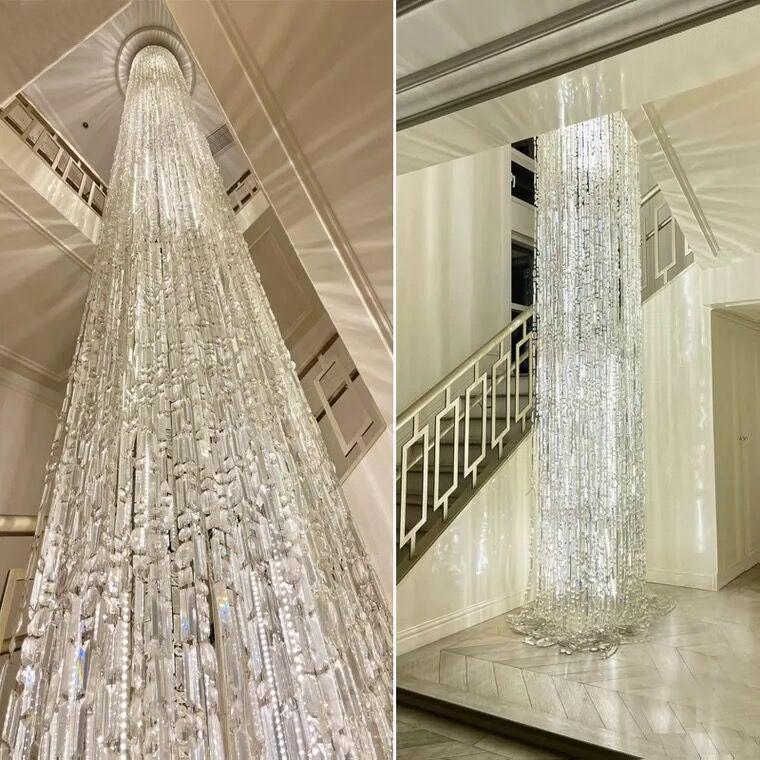 Oversized Silver Crystal Long Ceiling Chandelier Art Designer Column Waterfall Decorative Staircase Light Fixture fringe chrome finish crystal light