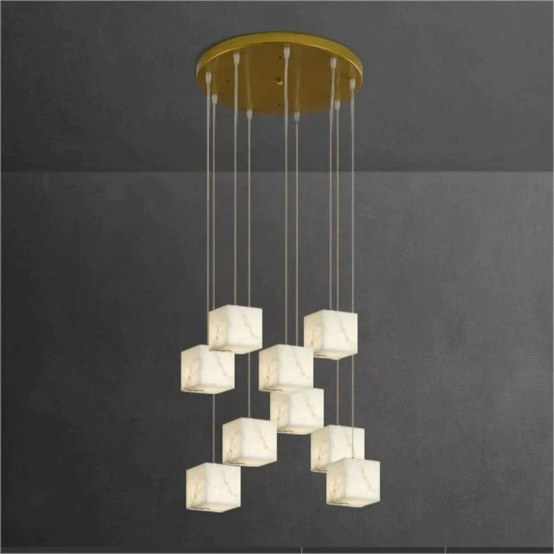 Olive Alabaster Cubic Round Pendant For Dining Table, Staircase Chandeliers Luster Gaze 9-Light