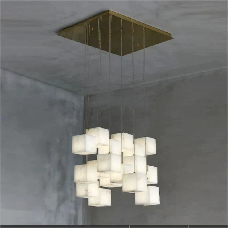 Olive Alabaster Cubic Round Pendant For Dining Table, Staircase Chandeliers Luster Gaze 18-Light