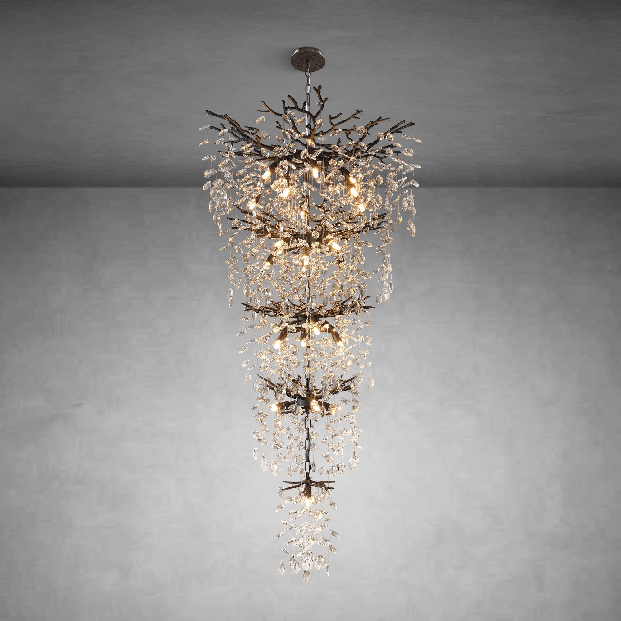63" Long Crystal Chandelier for High Ceiling, 28-Light Black Tree Branch Chandelier, Modern Large Chandeliers for Staircase, Foyer, Entryway, Living Room, 5-Tier Luxury K9 Raine Light Fixture