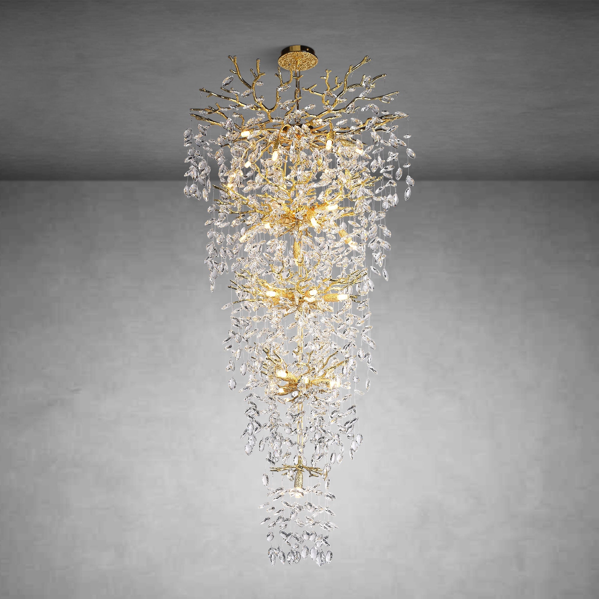 63'' Long Crystal Chandelier for High Ceiling, 28-Light Modern Gold Tree Branch Chandelier, Large Chandeliers for Foyer Entryway Staircase Living Room, 5-Tier Luxury K9 Crystal Raine Light Fixture