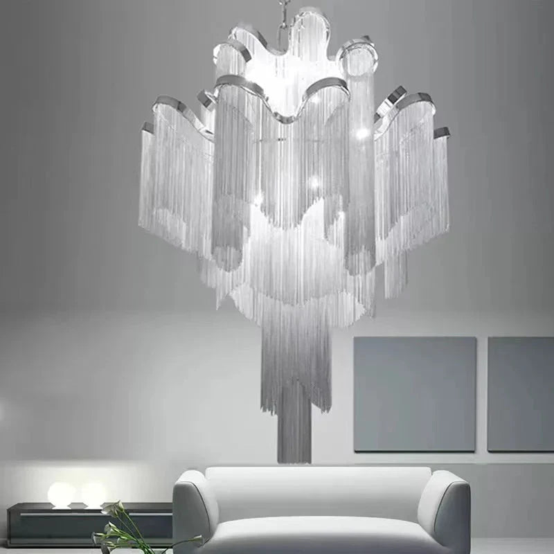 Luster Gaze Grand Cascade Extra Large Stainless Steel Long Tassel Chandelier - Background Shot