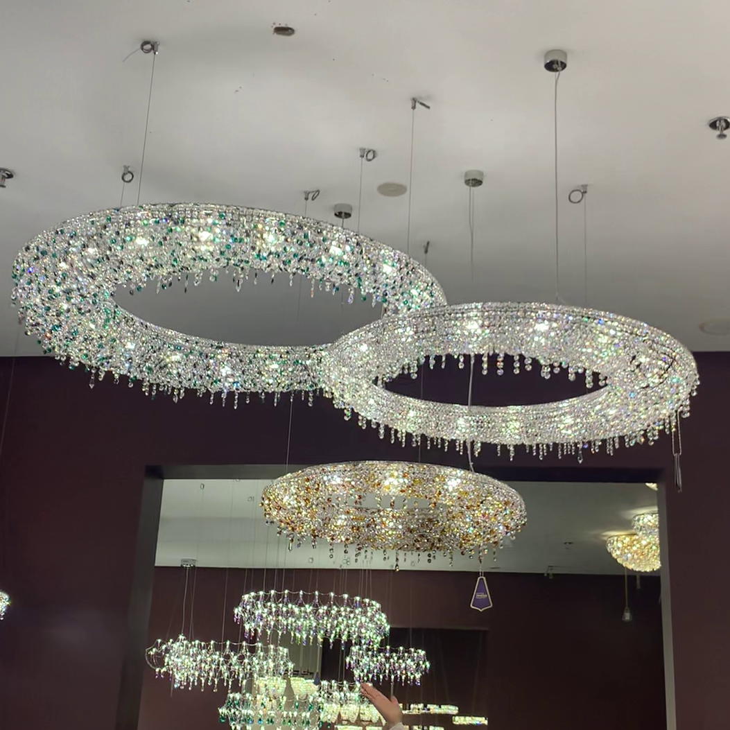Unique Eccentric Circle Colorful Crystal Beads Chandelier Luxury Ceiling Lamp for Living/Dining Room