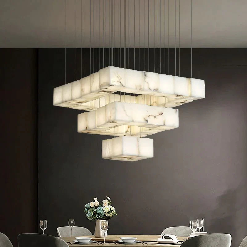 Olive Alabaster Cubic Round Pendant For Dining Table, Staircase Chandeliers Luster Gaze 25-Light  