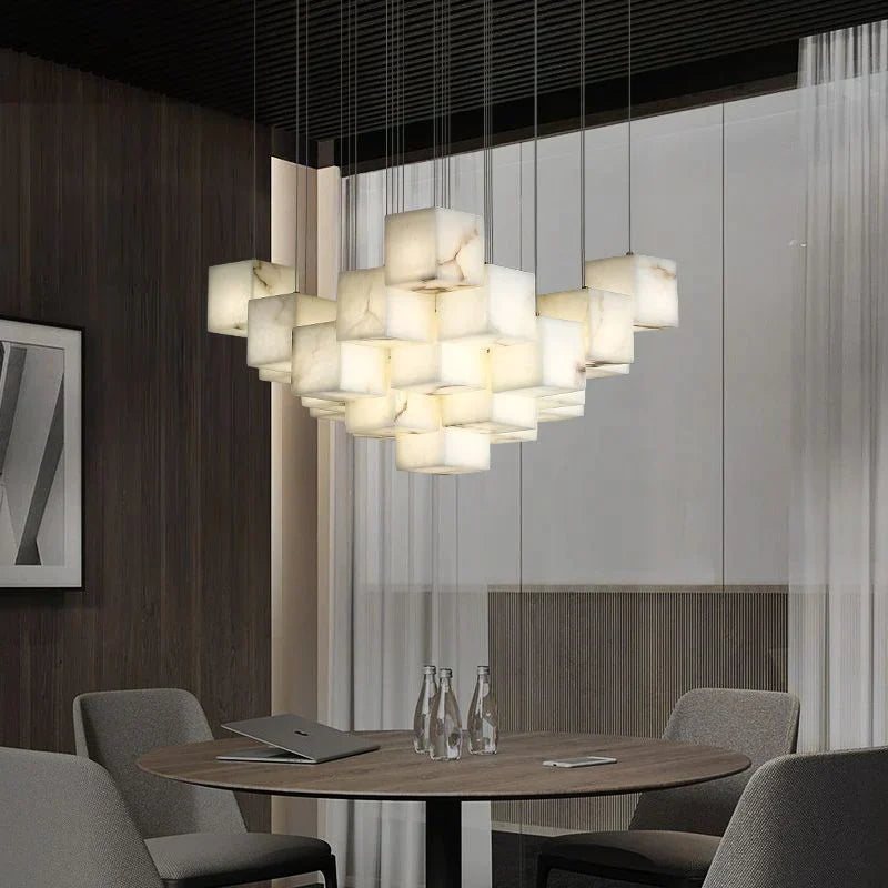 Olive Alabaster Cubic Round Pendant For Dining Table, Staircase Chandeliers Luster Gaze   