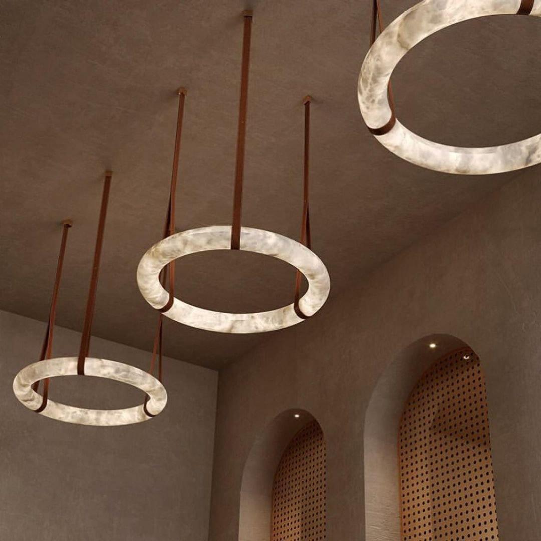 Oslo Pendant Alabaster Chandelier, Halo Ring Chandelier With Leather Chandelier Luster Gaze   
