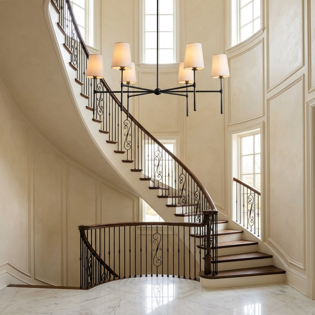 Luster Gaze Rhodes Grandeur Round Chandelier 4/6 Light - dramatic American stairwell with soaring ceiling