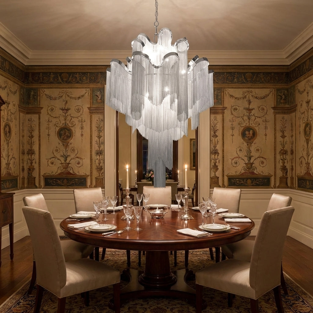 Luster Gaze Grand Cascade Extra Large Stainless Steel Long Tassel Chandelier - formal American dining room