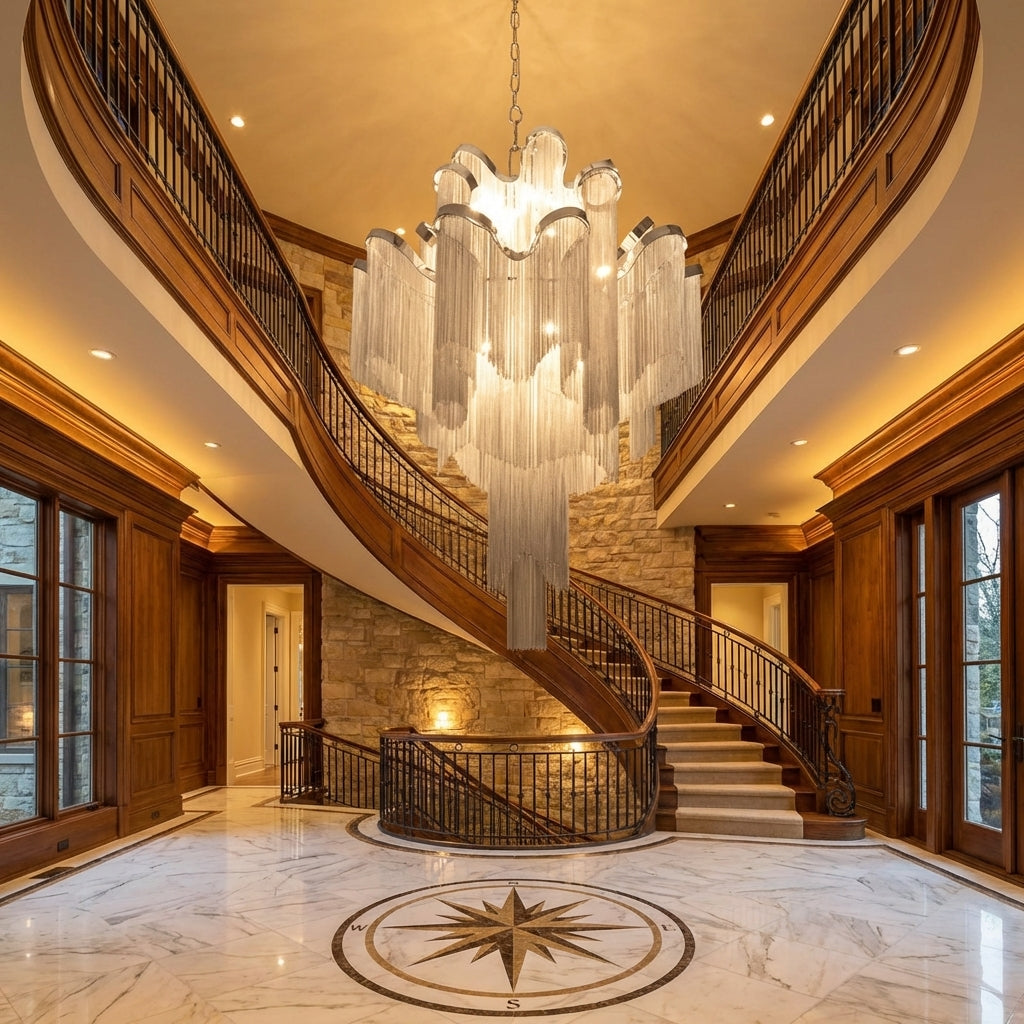 Luster Gaze Grand Cascade Extra Large Stainless Steel Long Tassel Chandelier - grand American foyer with two-story ceiling