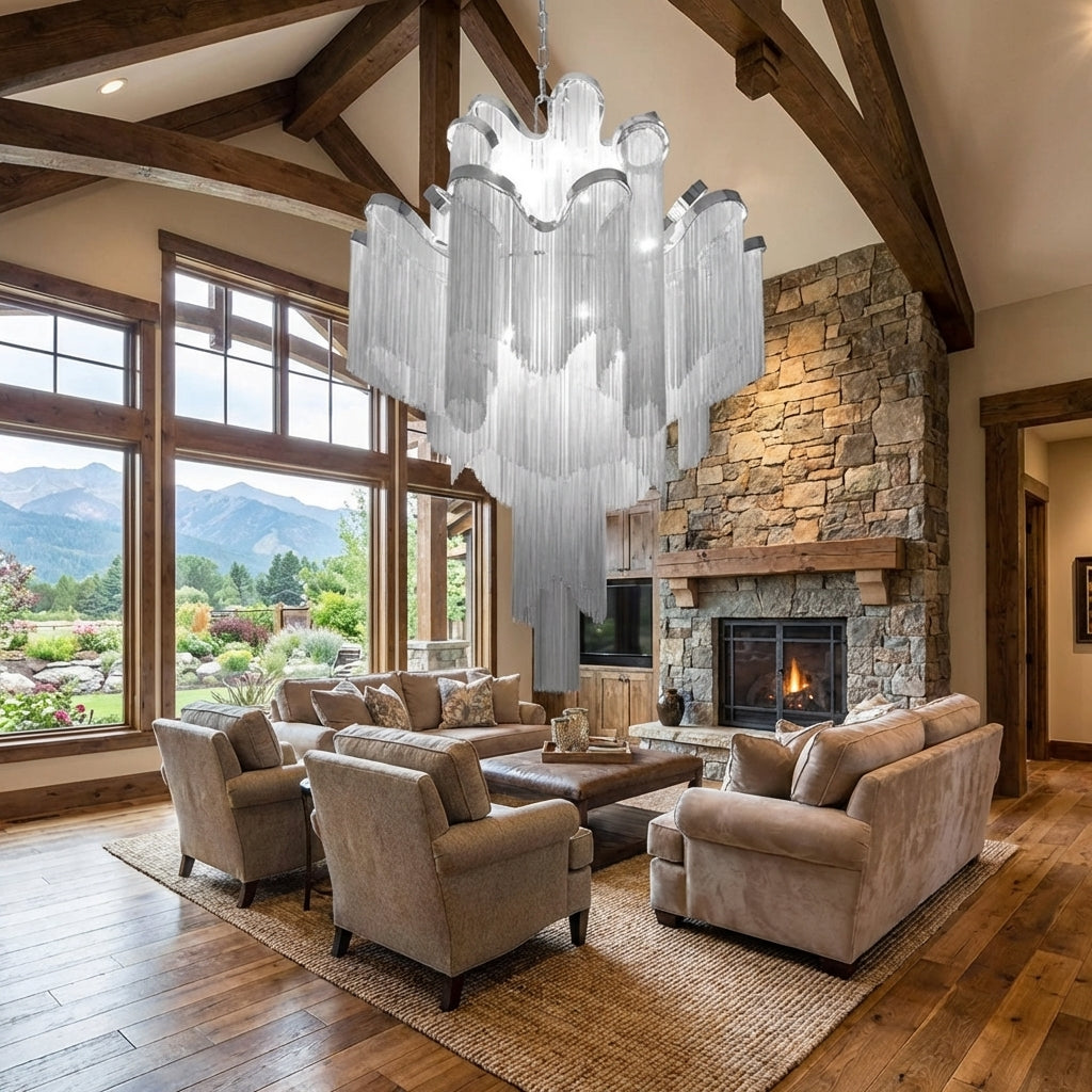 Luster Gaze Grand Cascade Extra Large Stainless Steel Long Tassel Chandelier - American transitional great room with cathedral ceiling