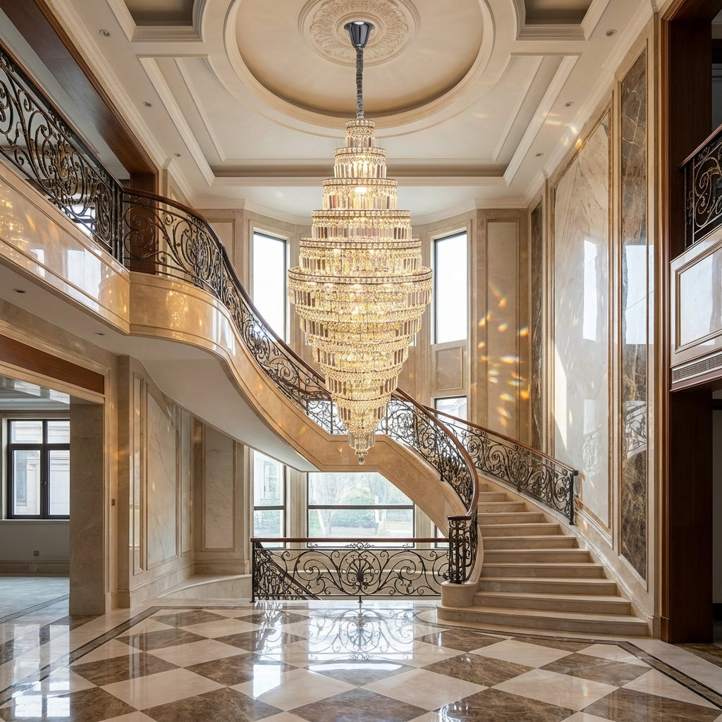 Luster Gaze Grand Lumina Round Extra Large Crystal Chandelier in Silver - grand American estate foyer