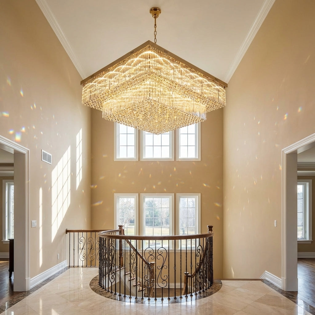 Lumina Haven Luxe Tiered Flush Mount Crystal Chandelier for Large Area - dramatic American stairwell with soaring ceiling