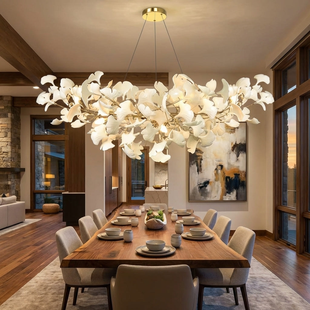 Lumina Haven Veridian Linear Ginkgo Chandelier - American great room dining area