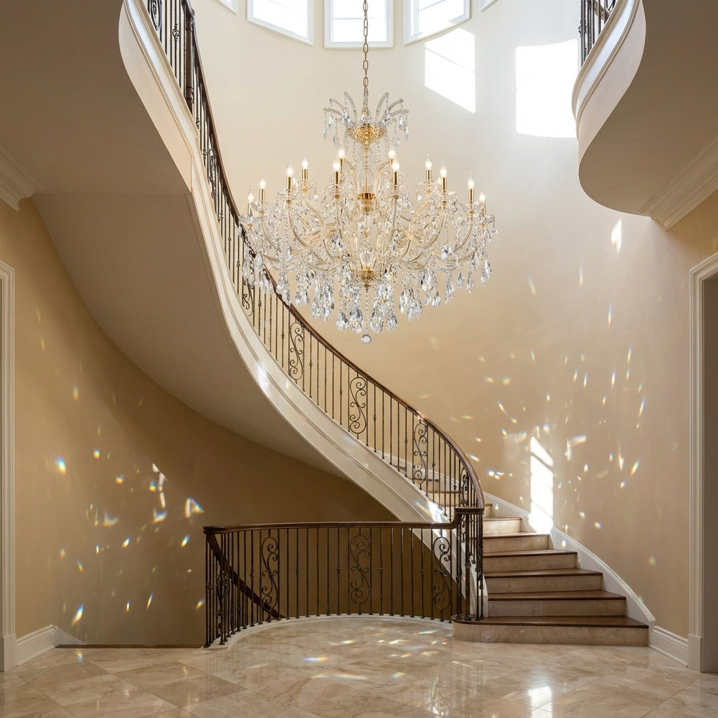 Luster Gaze Grand Lumière Multi-Layered Candle Branch Chandelier for Living Room/Foyer/Stairs - dramatic American stairwell with soaring ceiling