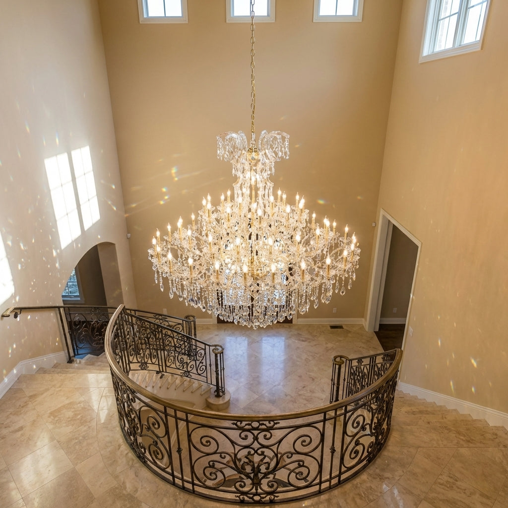 Luster Gaze Grand Lumière Multi-Layered Candle Branch Chandelier for Living Room/Foyer/Stairs - dramatic American stairwell with soaring ceiling