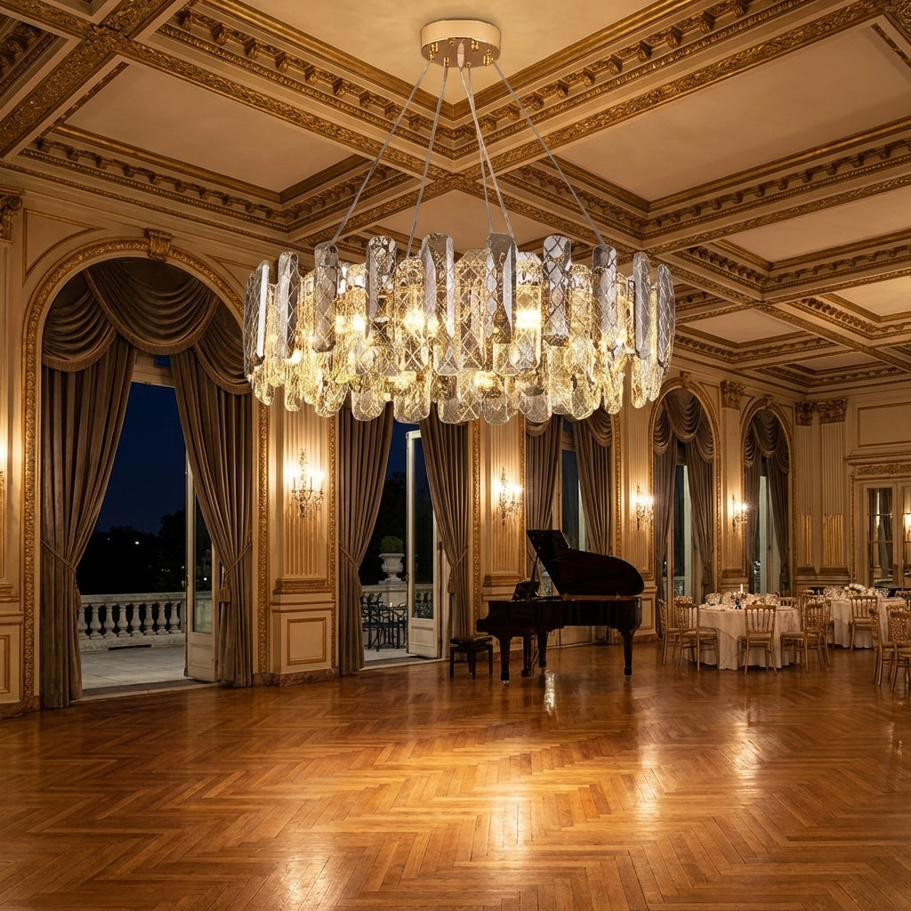 Luster Gaze Aura Grand Round/Rectangle Chandelier with Smoky Gray K9 Crystal - American ballroom or formal entertaining space