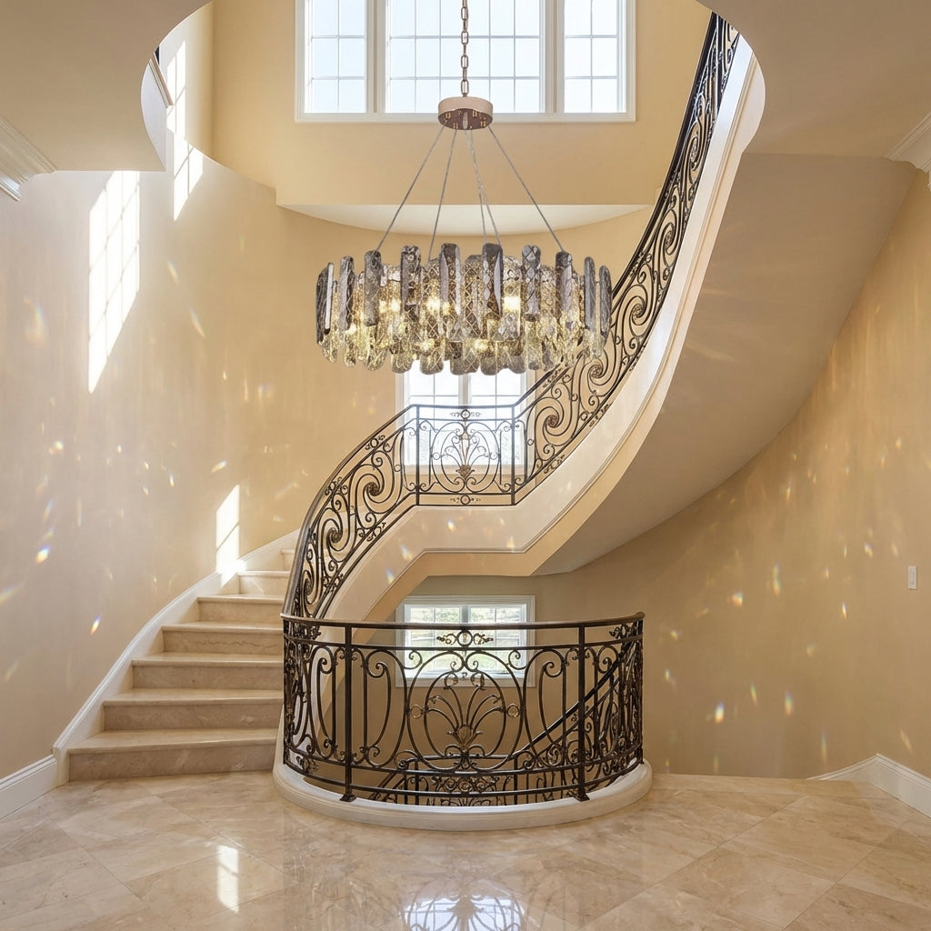 Luster Gaze Aura Grand Round/Rectangle Chandelier with Smoky Gray K9 Crystal - dramatic American stairwell with soaring ceiling