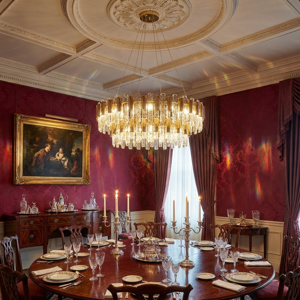 Luster Gaze Aura Grand Round/Rectangle Chandelier with Smoky Gray K9 Crystal - formal American dining room