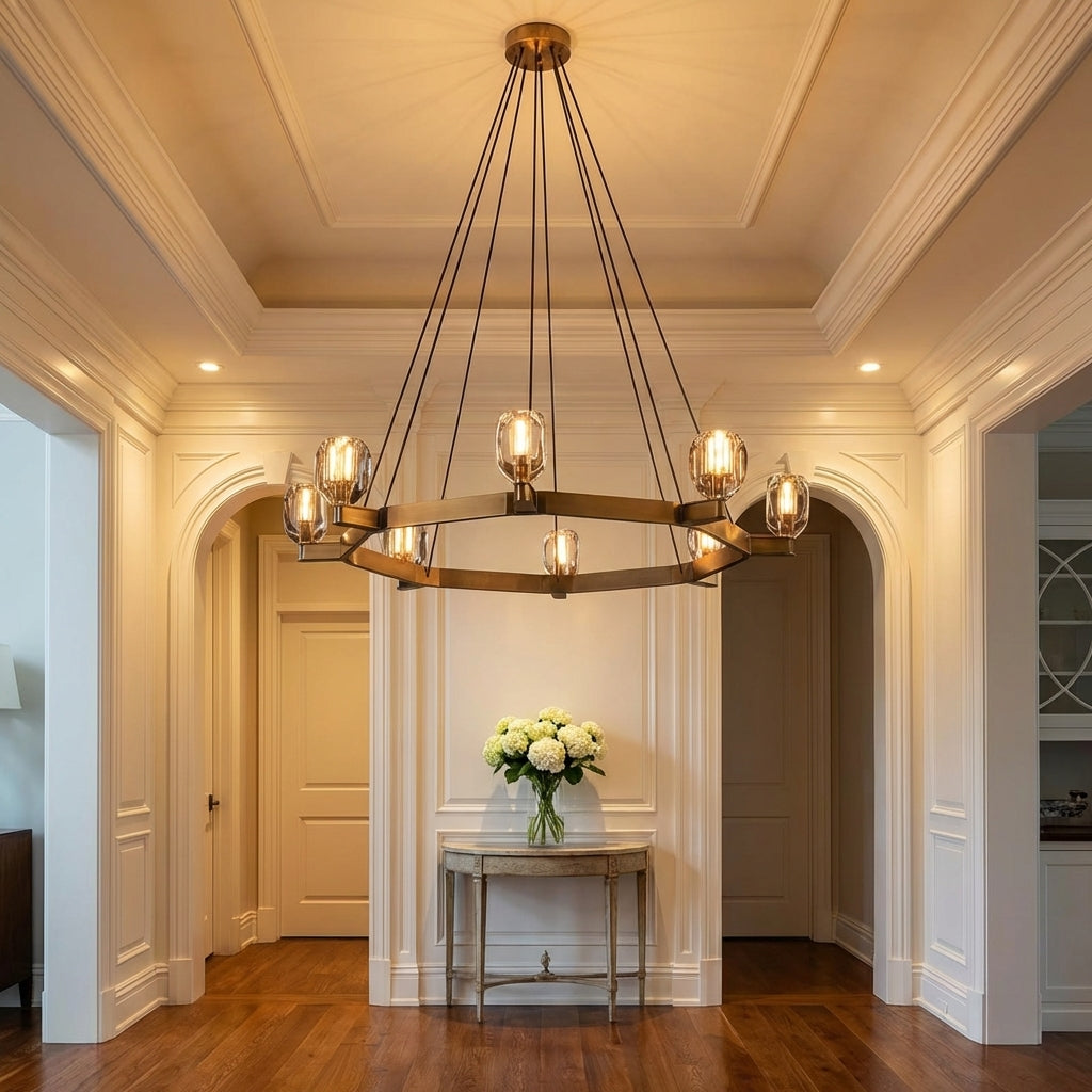 Luster Gaze Veridian Crystal Round Chandelier 60" - elegant American entryway with arched doorway