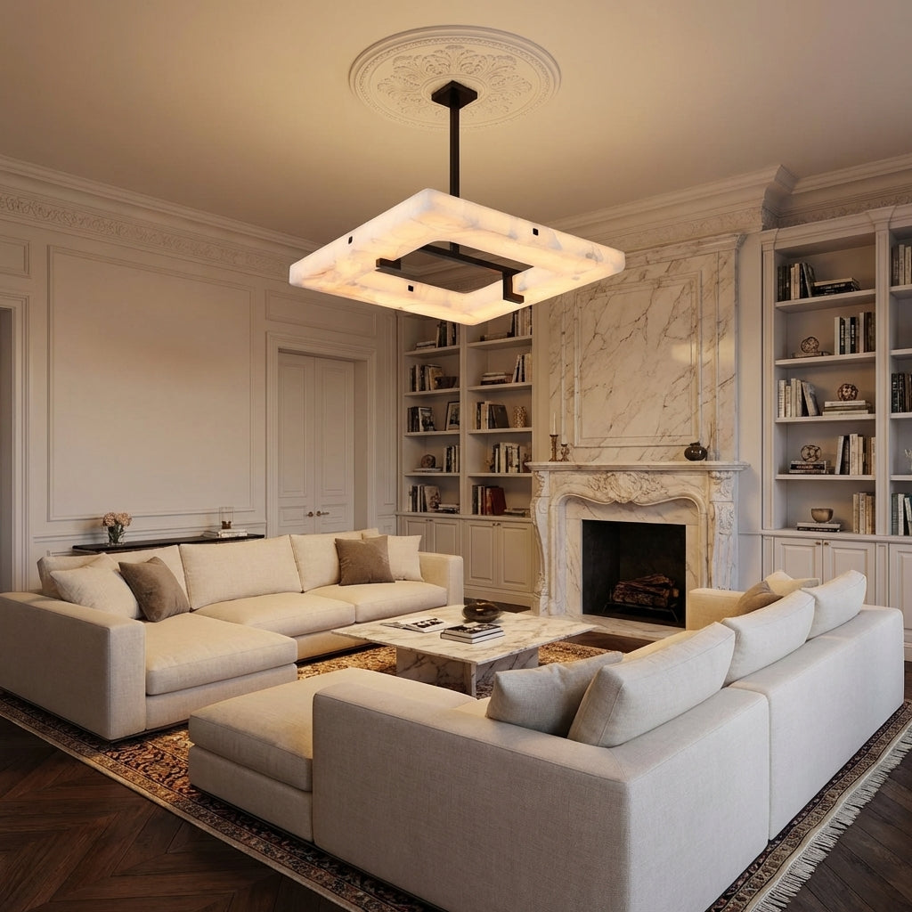 Luster Gaze Aura Square Chandelier 100cm W x 100cm L x 10cm H 39.4" W x 39.4" L x 5.5" H - luxurious American living room with tray ceiling