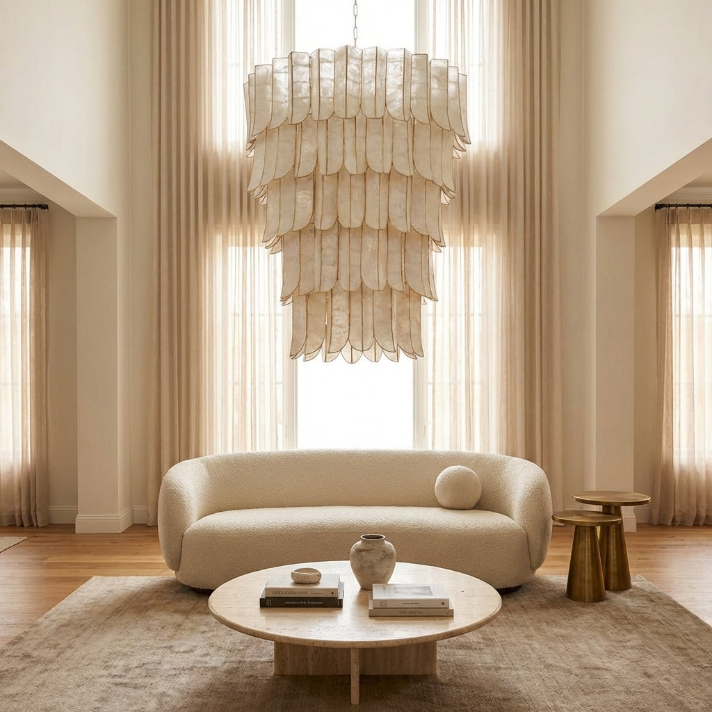 Luster Gaze Opulent Cascade Chandelier with Capiz Shell Layers (2-Layer 22.75"L x 22.75"W x 21"H, 3-Layer 31.5"L x 31.5"W x 30.5"H, 5-Layer 39.5"L x 39.5"W x 46.5"H) - sophisticated American living room