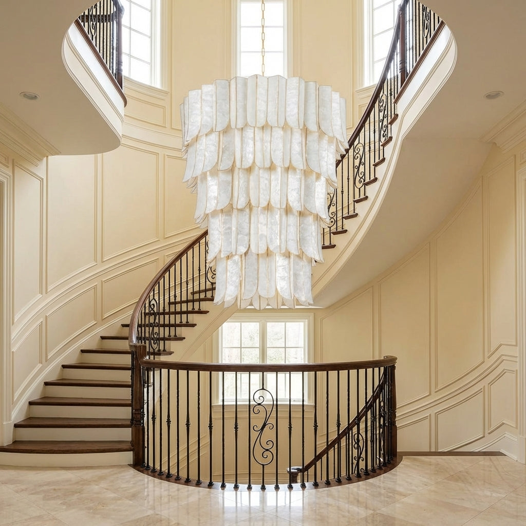 Luster Gaze Opulent Cascade Chandelier with Capiz Shell Layers (2-Layer 22.75"L x 22.75"W x 21"H, 3-Layer 31.5"L x 31.5"W x 30.5"H, 5-Layer 39.5"L x 39.5"W x 46.5"H) - dramatic American stairwell with soaring ceiling