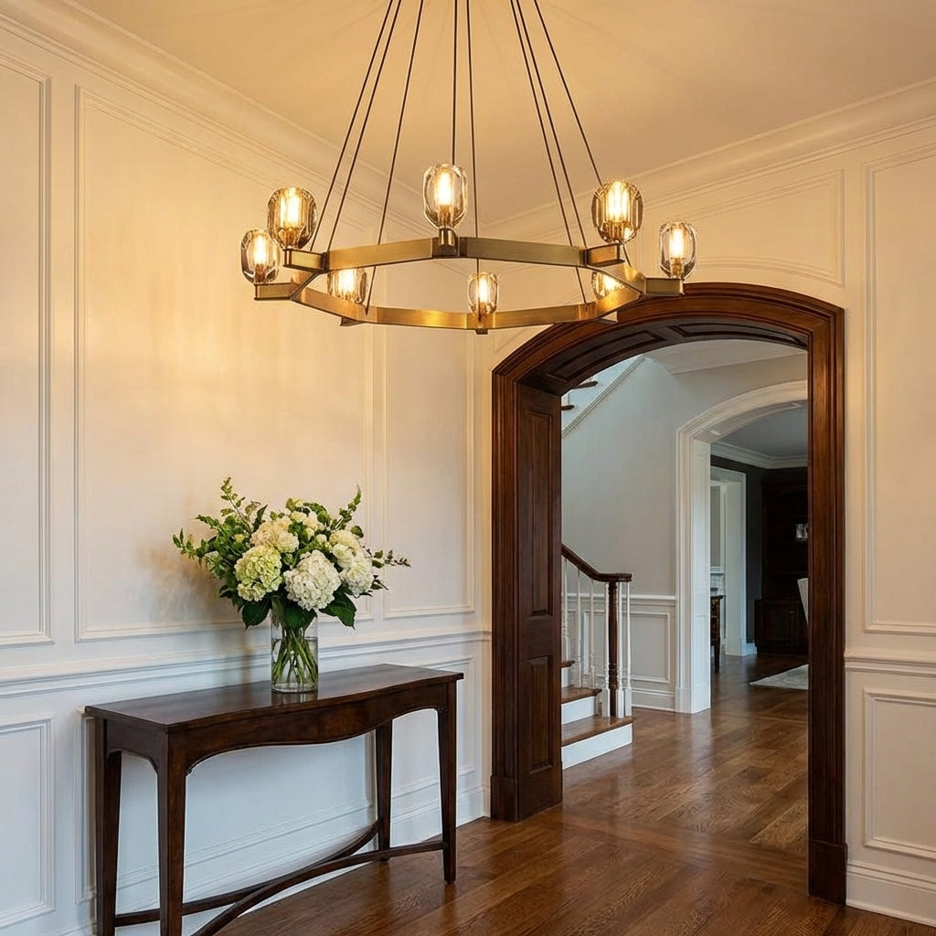 Luster Gaze Veridian Crystal Round Chandelier 60" - elegant American entryway with arched doorway
