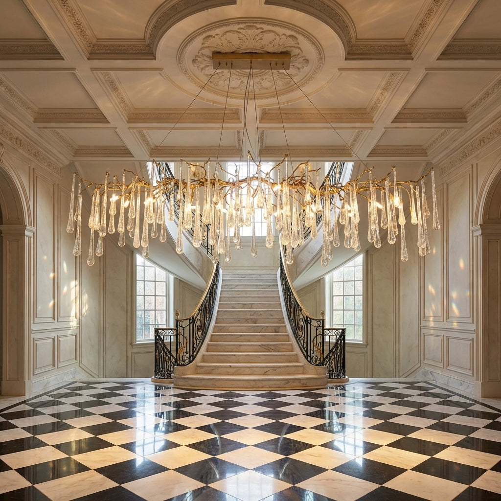 Luster Gaze Verdant Cascade Branch Chandeliers L 33.5"(85cm) x W 15.7"(40cm) x H 19.7"(50cm), L 41.3"(105cm) x W 17.7"(45cm) x H 25.6"(65cm), L 49.2"(125cm) x W 17.7"(45cm) x H 25.6"(65cm), L 59.1"(150cm) x W 17.7"(45cm) x H 25.6"(65cm), L 70.9"(180cm) x W 17.7"(45cm) x H 25.6"(65cm) - grand American estate foyer