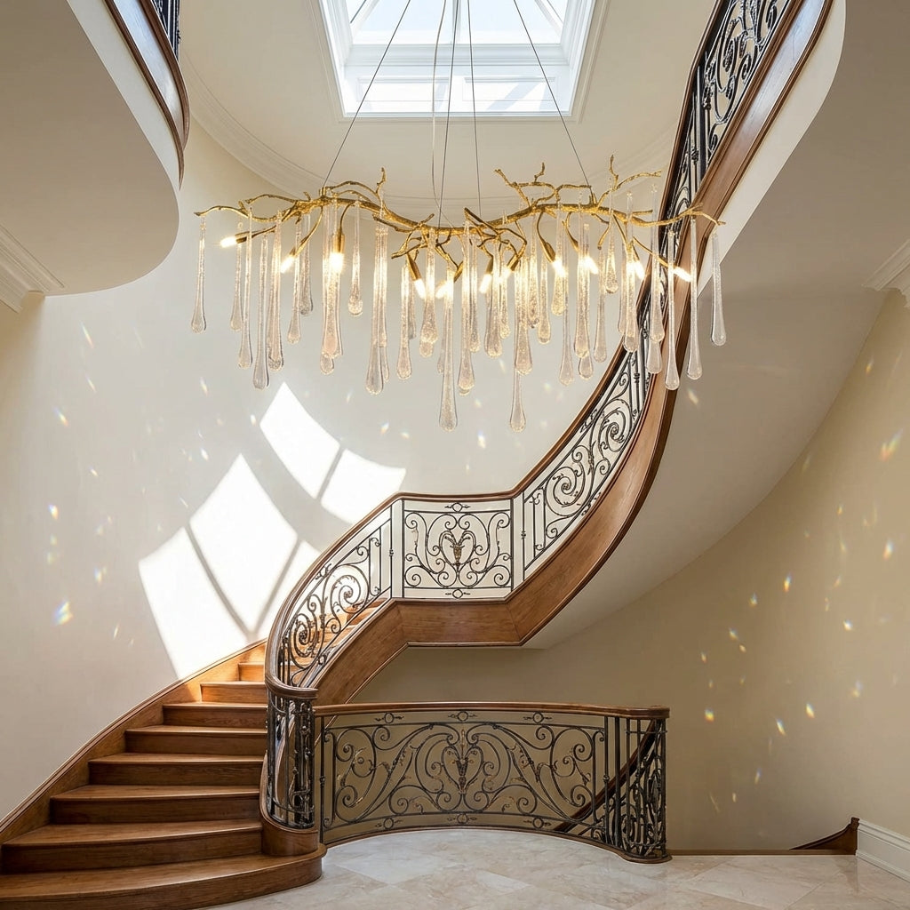 Luster Gaze Verdant Cascade Branch Chandeliers L 33.5"(85cm) x W 15.7"(40cm) x H 19.7"(50cm), L 41.3"(105cm) x W 17.7"(45cm) x H 25.6"(65cm), L 49.2"(125cm) x W 17.7"(45cm) x H 25.6"(65cm), L 59.1"(150cm) x W 17.7"(45cm) x H 25.6"(65cm), L 70.9"(180cm) x W 17.7"(45cm) x H 25.6"(65cm) - dramatic American stairwell with soaring ceiling