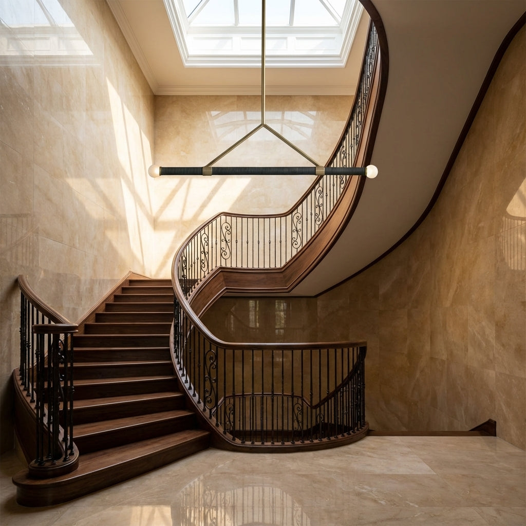Luster Gaze Artisan Leather Accent Pendant - dramatic American stairwell with three-story void